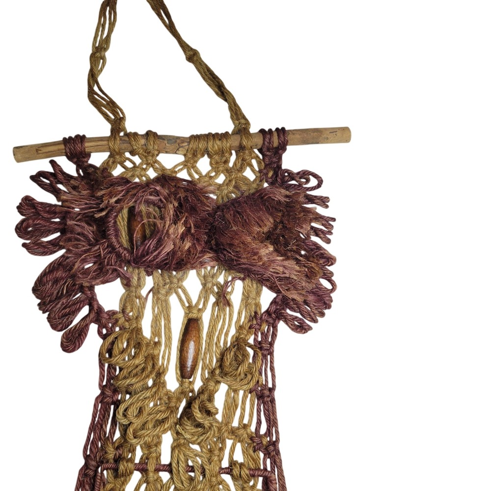 Vintage Macrame Owl Wall Hanging Jute Fiber Art Wood Beads Boho 70s Decor Brown